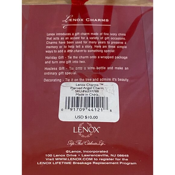 Lenox Pierced Angel Ivory China Charm With Red Ribbon for Hanging Ornament - Picture 4 of 4